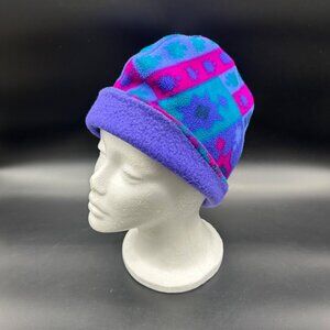 Vintage Winter Hat 90s Turtle Fur USA Fleece Purple Blue Retro Beanie Toboggan